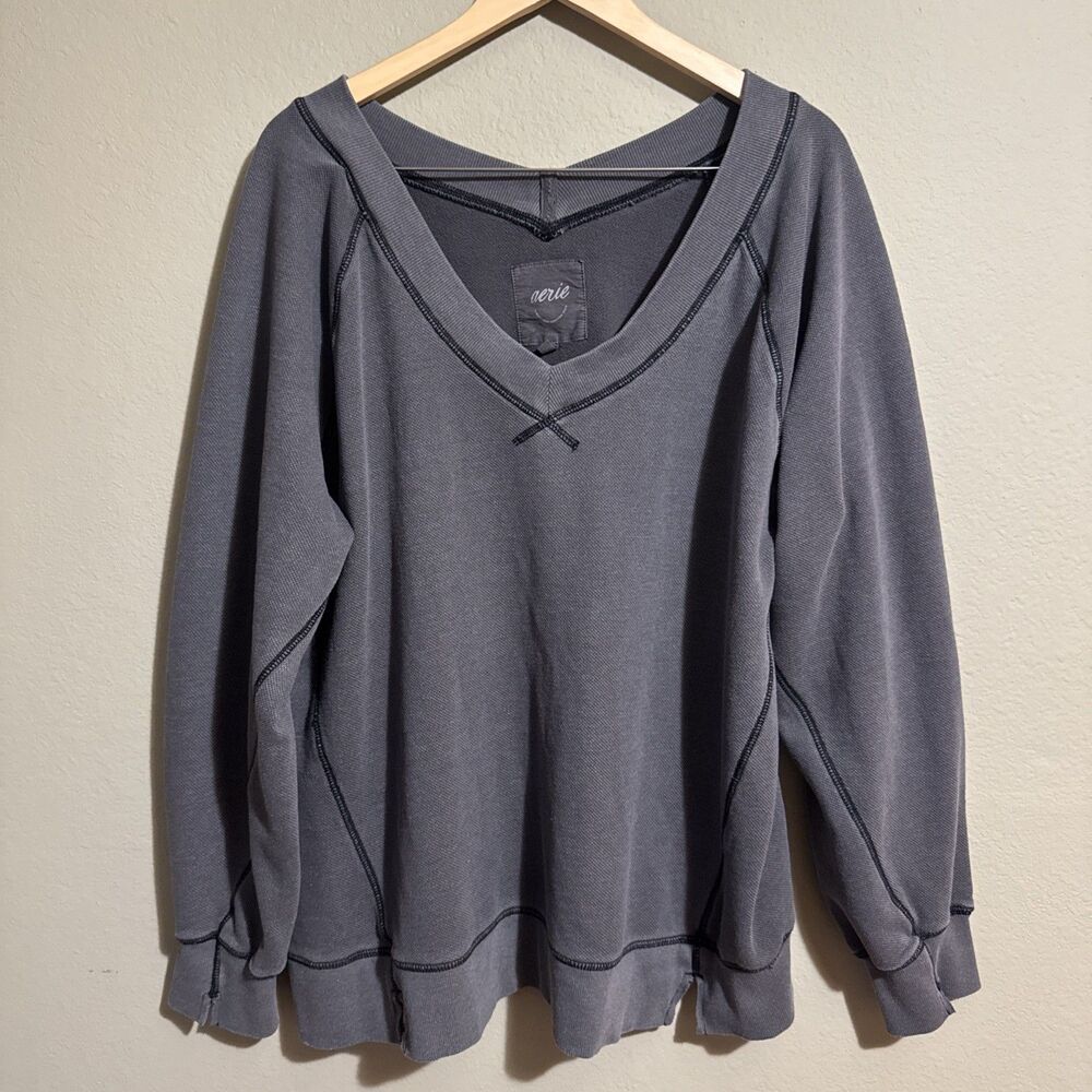 Aerie Downtime Sweatshirt Large Gray V-Neck Exposed Stitching Slouchy